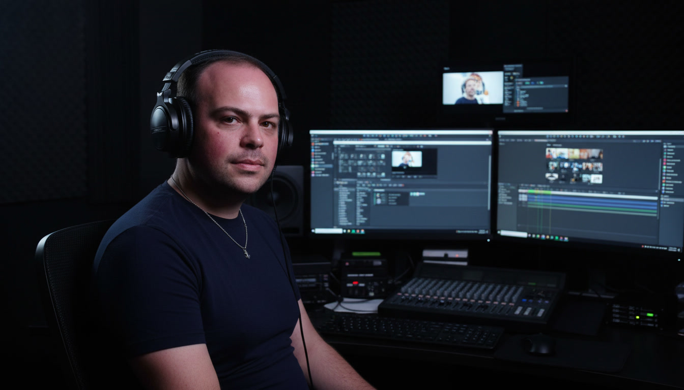 video editor headphones dark studio